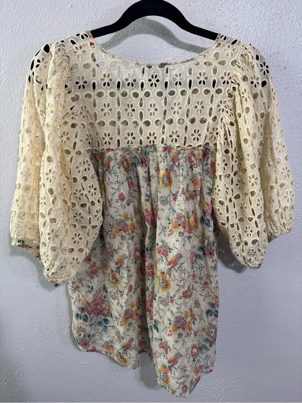 Anthropologie Cream Floral Eyelet Peasant Top small